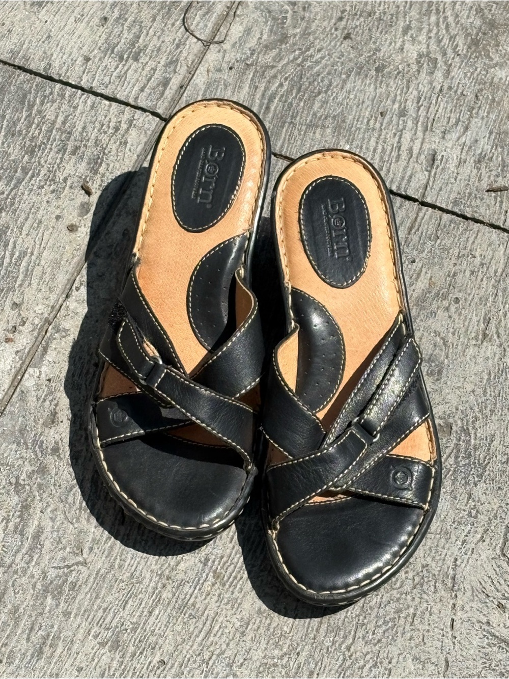 Size 10 Leather Born Adjustable Wedge Sandals Black